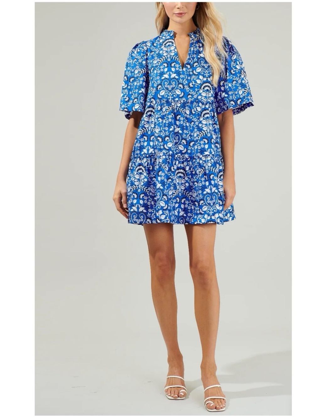 Sugarlips Women’s Sz XS Blue Floral Mini Dress Puff Sleeve Ruffle